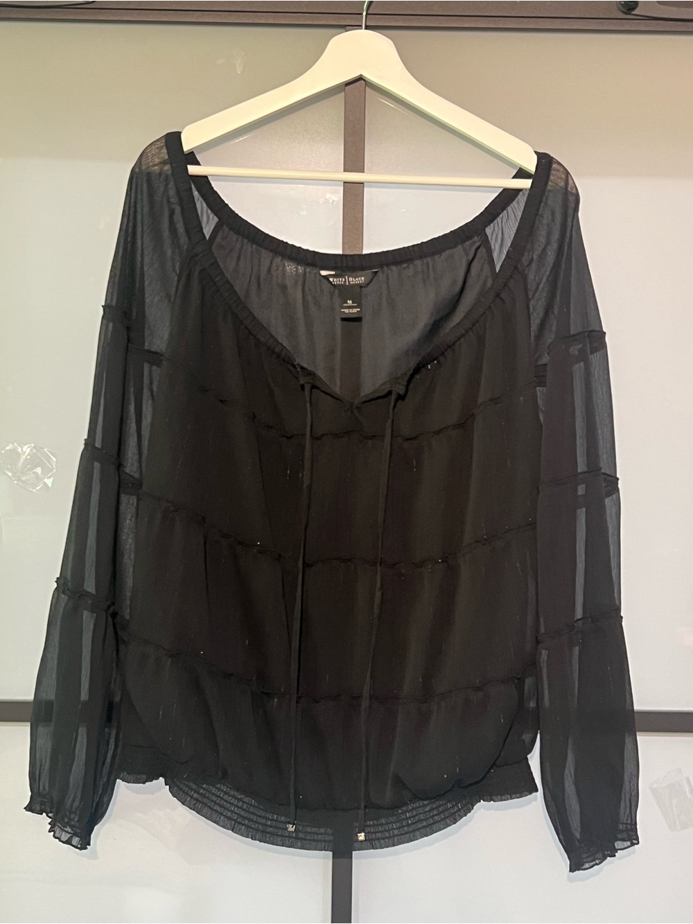 White House Black Market Black Sheer Tiered Tie Blouse M